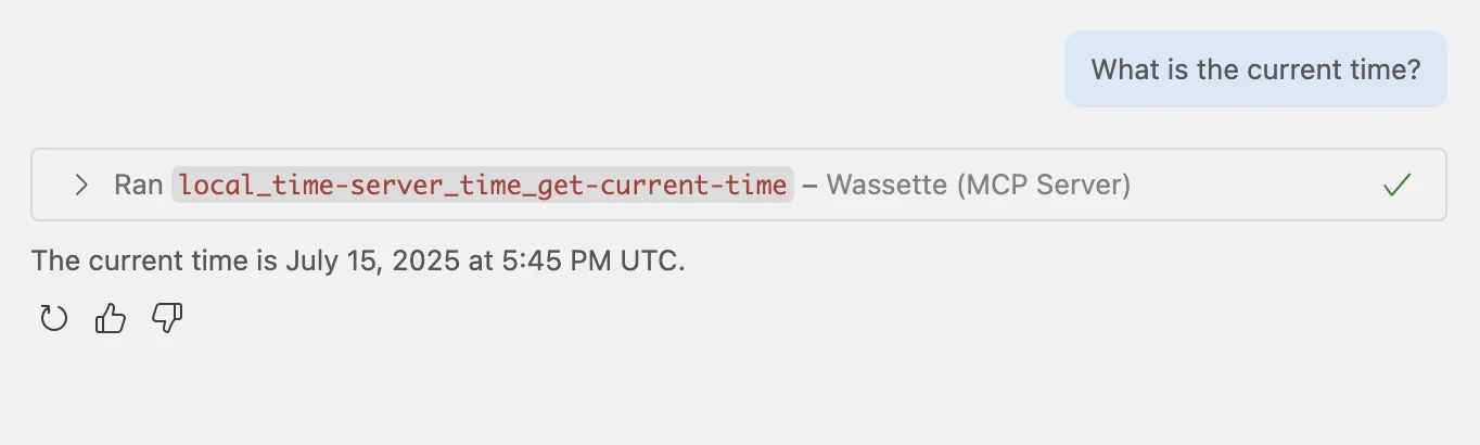 Screenshot of GitHub Copilot response showing the current time after successfully calling the installed time component through Wassette.
