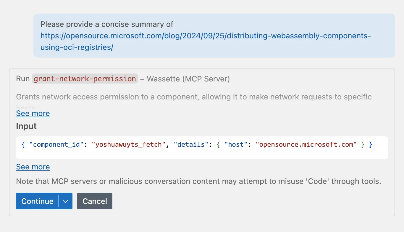 Screenshot of Wassette permission request dialog asking user to grant the fetch component access to opensource.microsoft.com domain.