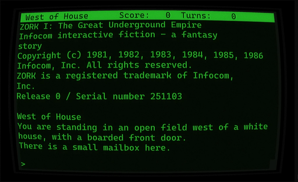 Zork running in terminal with a CRT Filter.