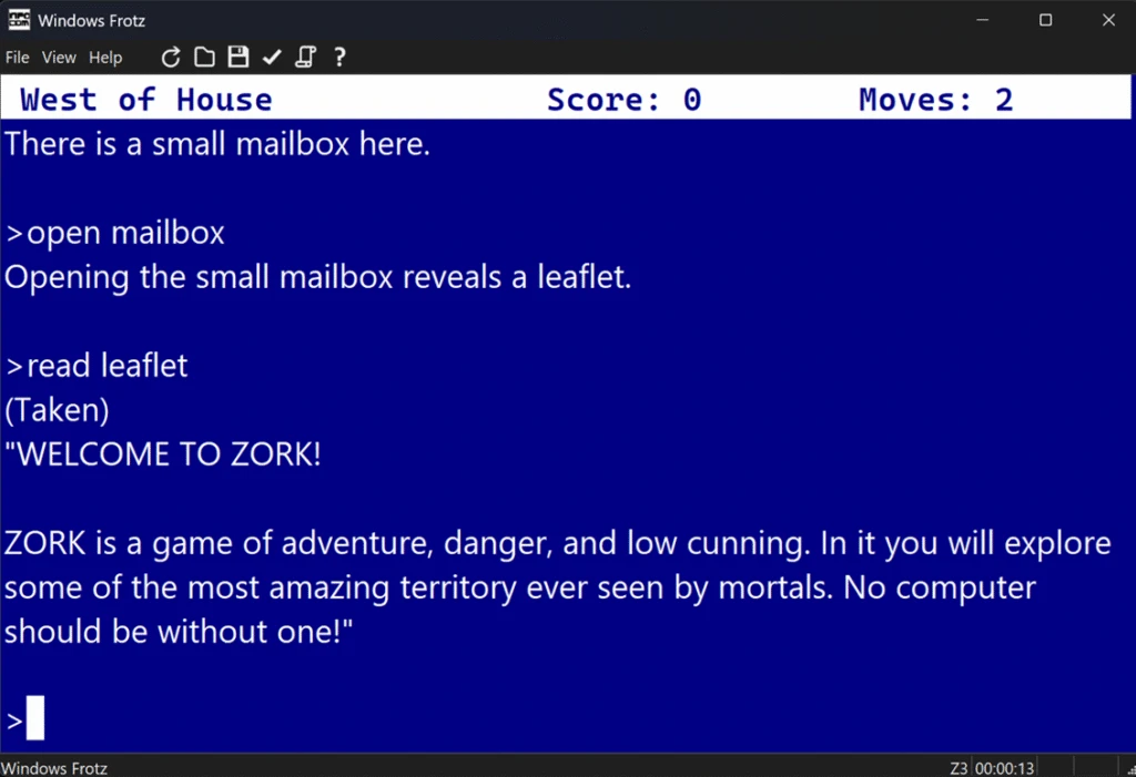 Zork prompts on Windows Frotz. 
