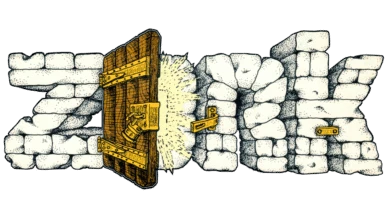 Illustration of the word “Zork” built from chunky stone blocks, with a heavy wooden door in the center bursting open in a flash of light, secured by bright brass hinges and a padlock.
