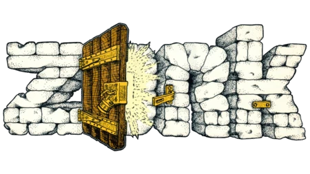 Illustration of the word “Zork” built from chunky stone blocks, with a heavy wooden door in the center bursting open in a flash of light, secured by bright brass hinges and a padlock.