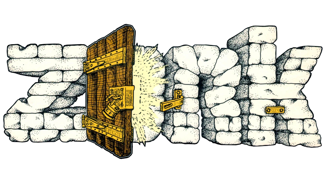 Illustration of the word “Zork” built from chunky stone blocks, with a heavy wooden door in the center bursting open in a flash of light, secured by bright brass hinges and a padlock