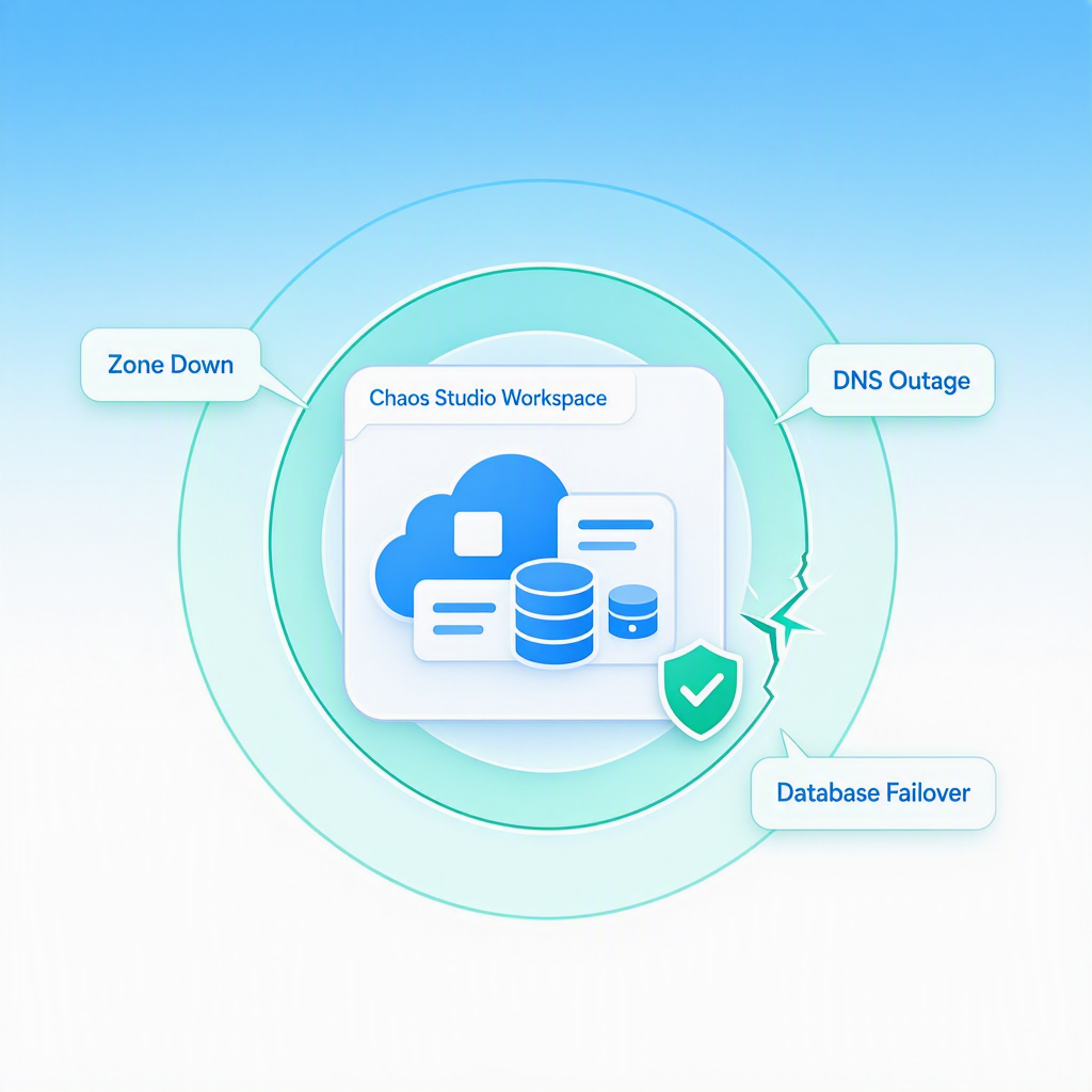 Illustration of a Chaos Studio workspace with cloud, database, and document icons, encircled by system‑failure scenarios including Zone Down, DNS Outage, and Database Failover.
